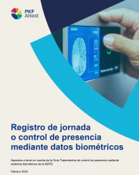 Portada del informe descargable de PKF Attest. Una guía actualizada sobre el "registro de jornada o control de presencia mediante datos biométricos", con imagen de una mano usando un lector de huella digital.