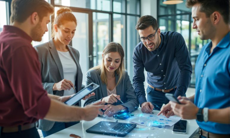 A team of business professionals collaborating in a modern office using technology and brainstorming ideas as a group focused on strategy and innovation at work