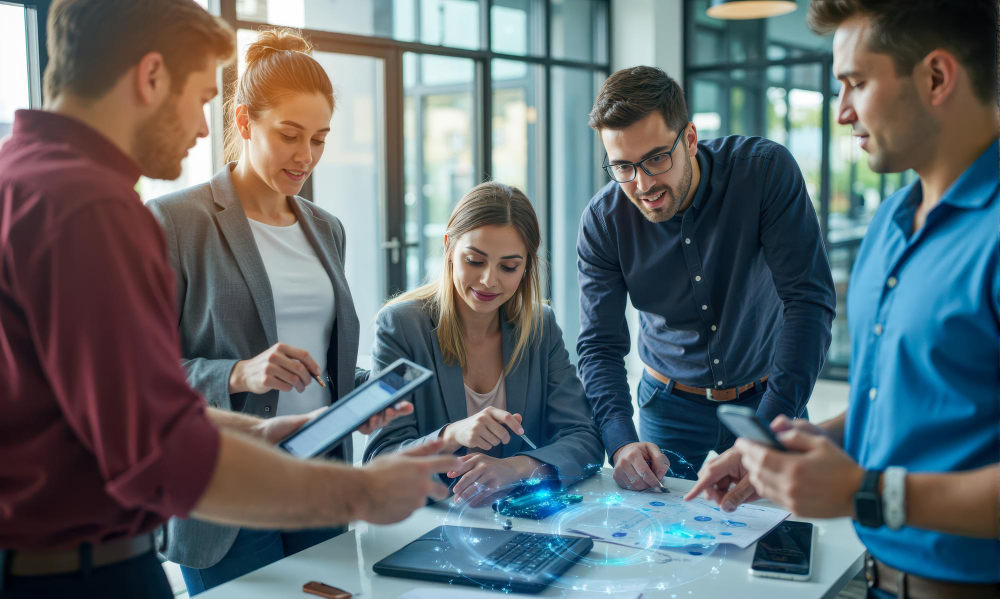 Equipo de profesionales de negocios que colaboran en una oficina moderna utilizando la tecnología y discuten ideas grupo centrado en la estrategia y la innovación en el trabajo